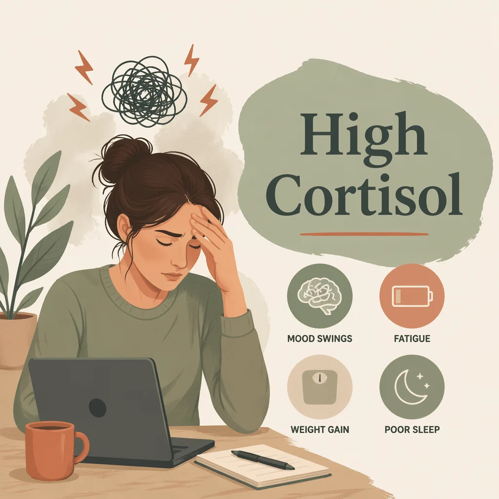 Illustration of high cortisol levels showing common causes such as steroid medicines and the signs that need medical review