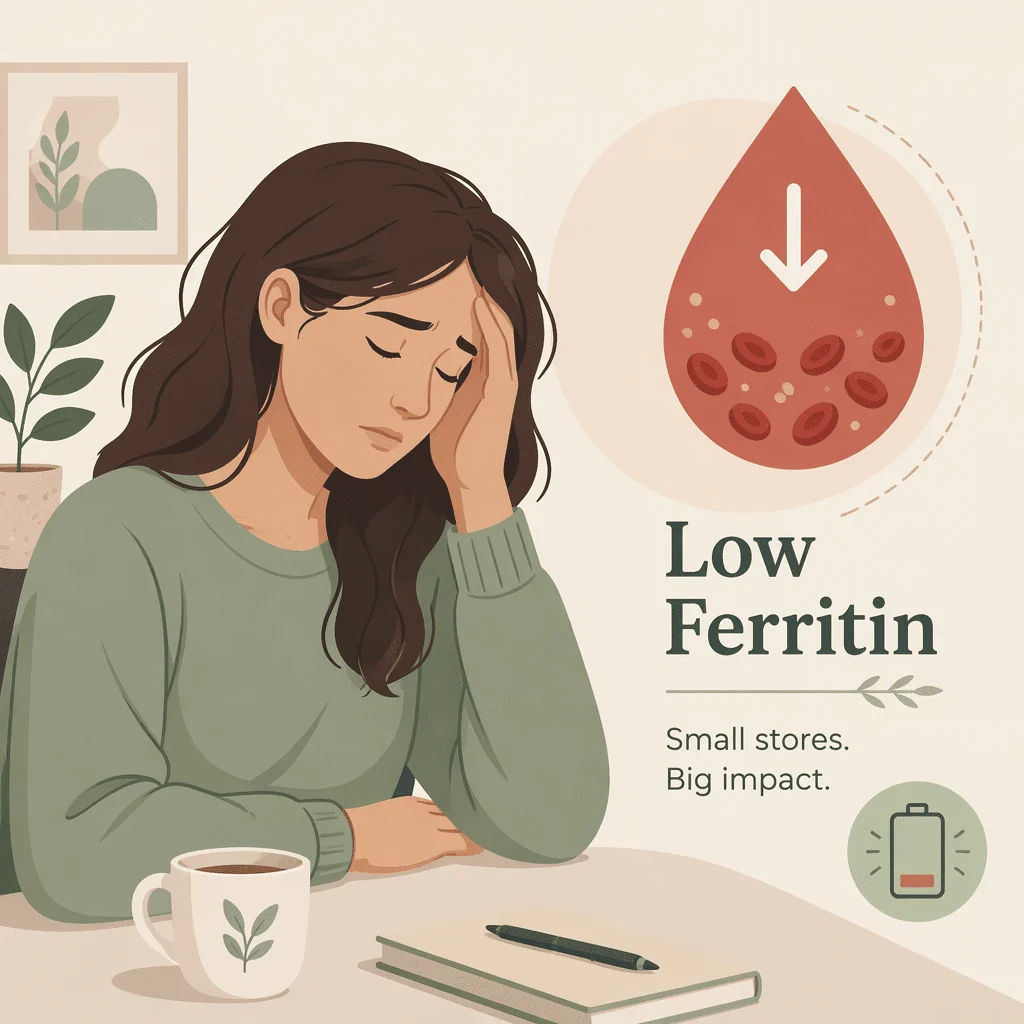 Low ferritin result on an iron studies blood test report showing depleted iron stores before anemia develops