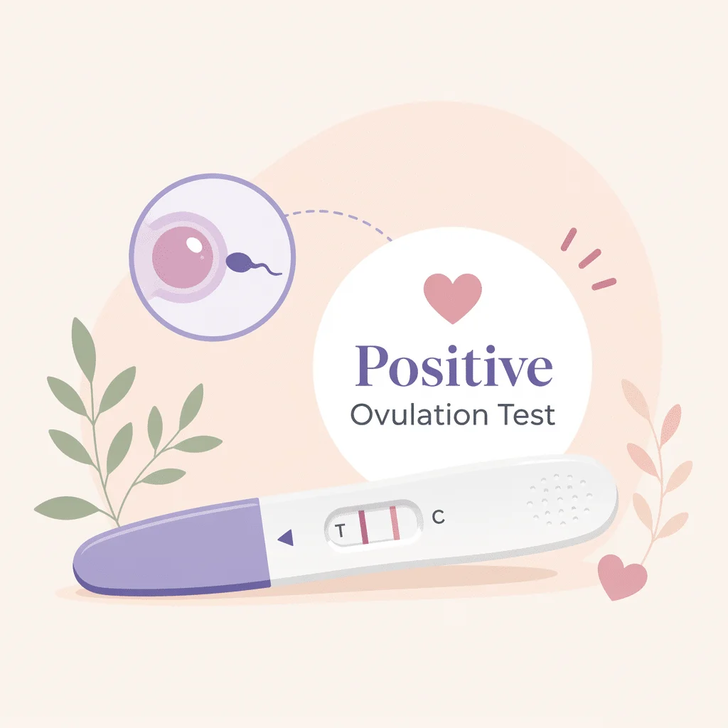 Positive ovulation test strip held beside its control line showing a detected LH surge during the fertile window