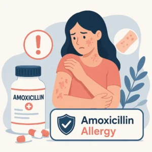 Sarpullido por amoxicilina en el tronco de un niño comparado con urticaria por una reacción alérgica inmediata al antibiótico