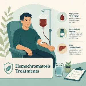 Hemochromatosis treatment pathway showing therapeutic phlebotomy, ferritin monitoring and family screening