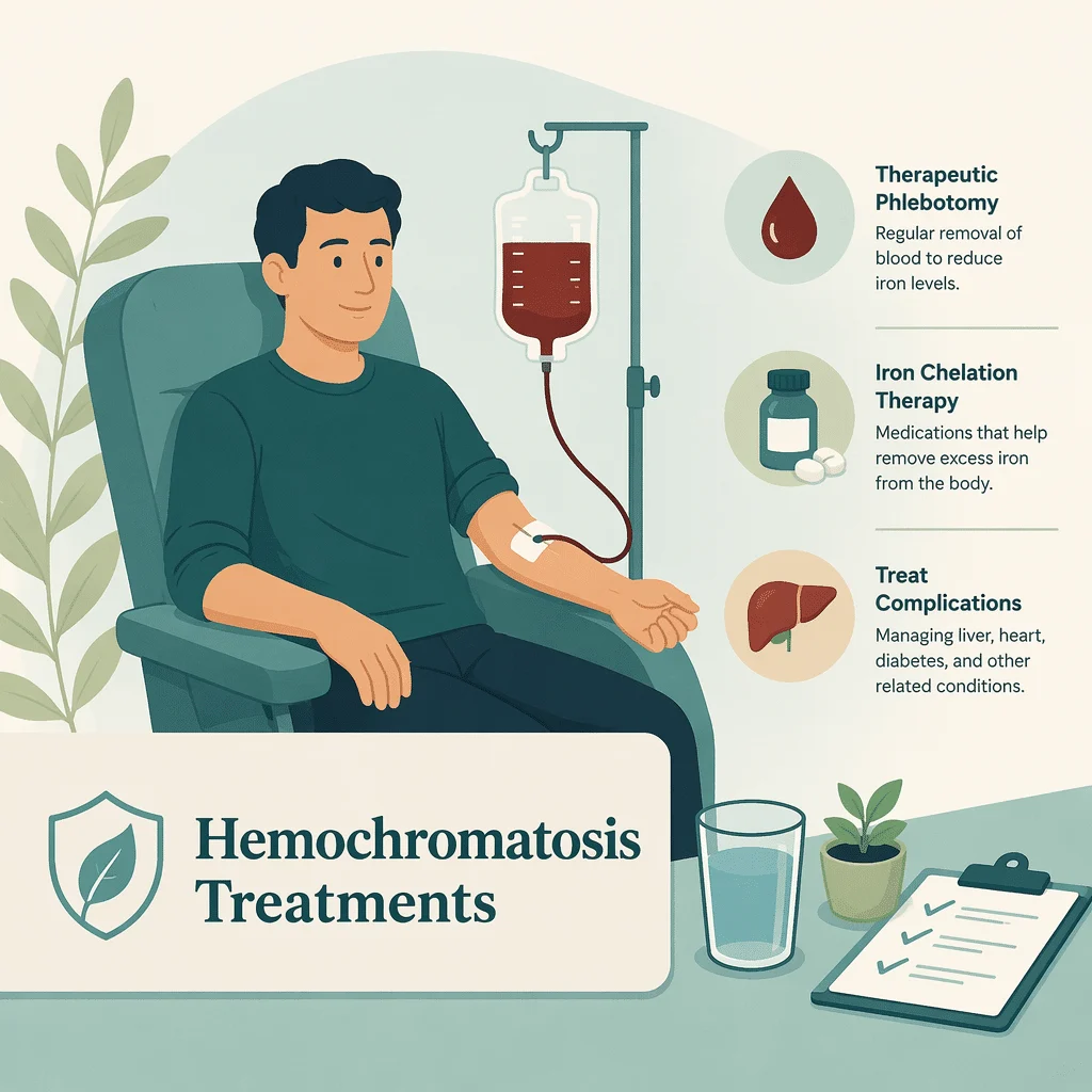 Hemochromatosis treatment pathway showing therapeutic phlebotomy, ferritin monitoring and family screening