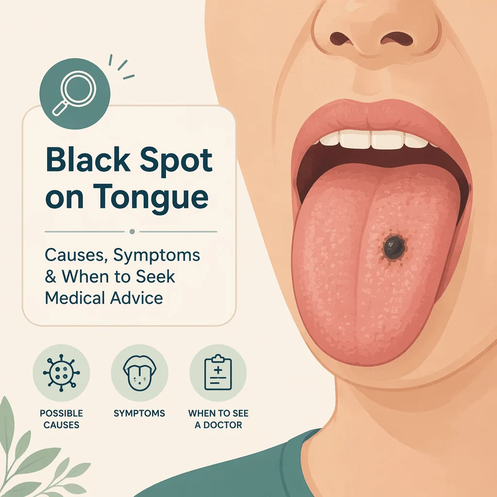Black spot on tongue shown on the tongue surface alongside common benign causes and warning signs