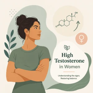 Ilustrasi testosteron tinggi pada wanita, menampilkan seorang wanita di samping molekul steroid testosteron dan simbol perempuan