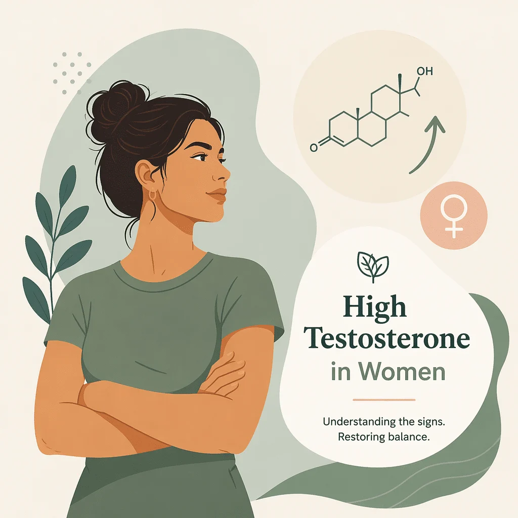 Illustration of high testosterone in women, showing a woman beside the testosterone steroid molecule and a female symbol
