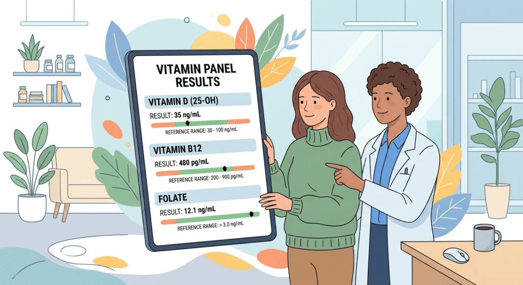 Painel vitamínico em análise ao sangue: vitamina D, B12 e folato