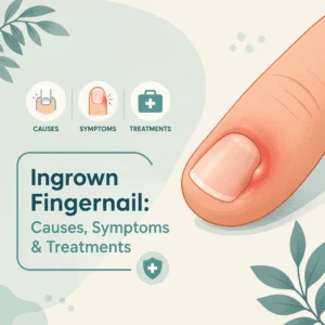 Close-up of a reddened, swollen nail fold on a thumb showing an ingrown fingernail with early infection