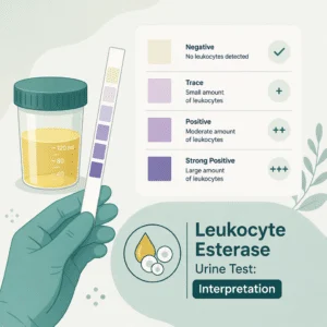 Leukocyte esterase in urine shown as a purple dipstick pad read beside the nitrite pad on a urine test strip