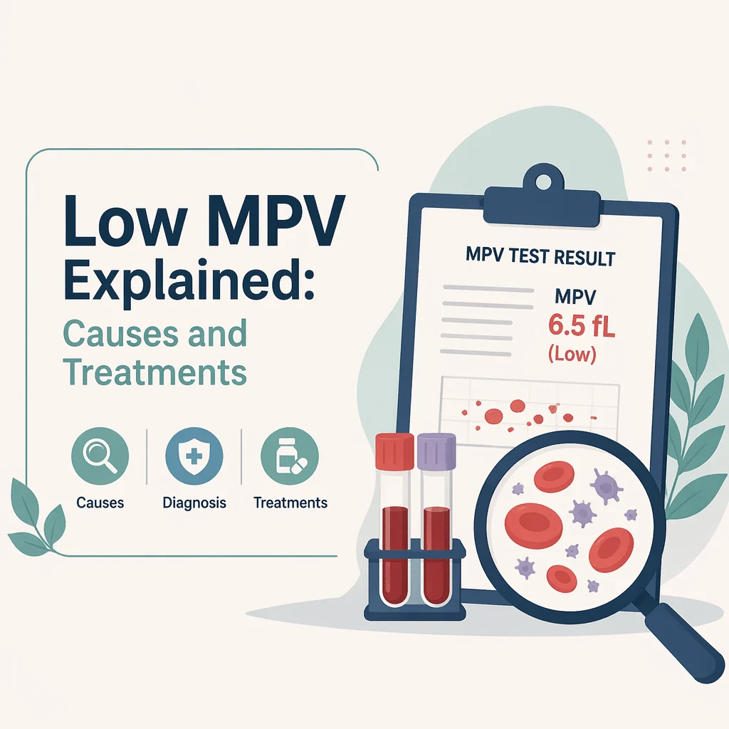 Complete blood count report showing a low MPV result read next to the platelet count for comparison