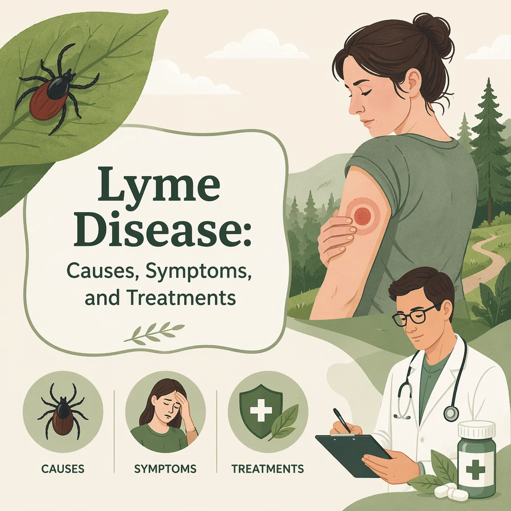 Lyme disease from tick bites, with its causes, symptoms, and treatments