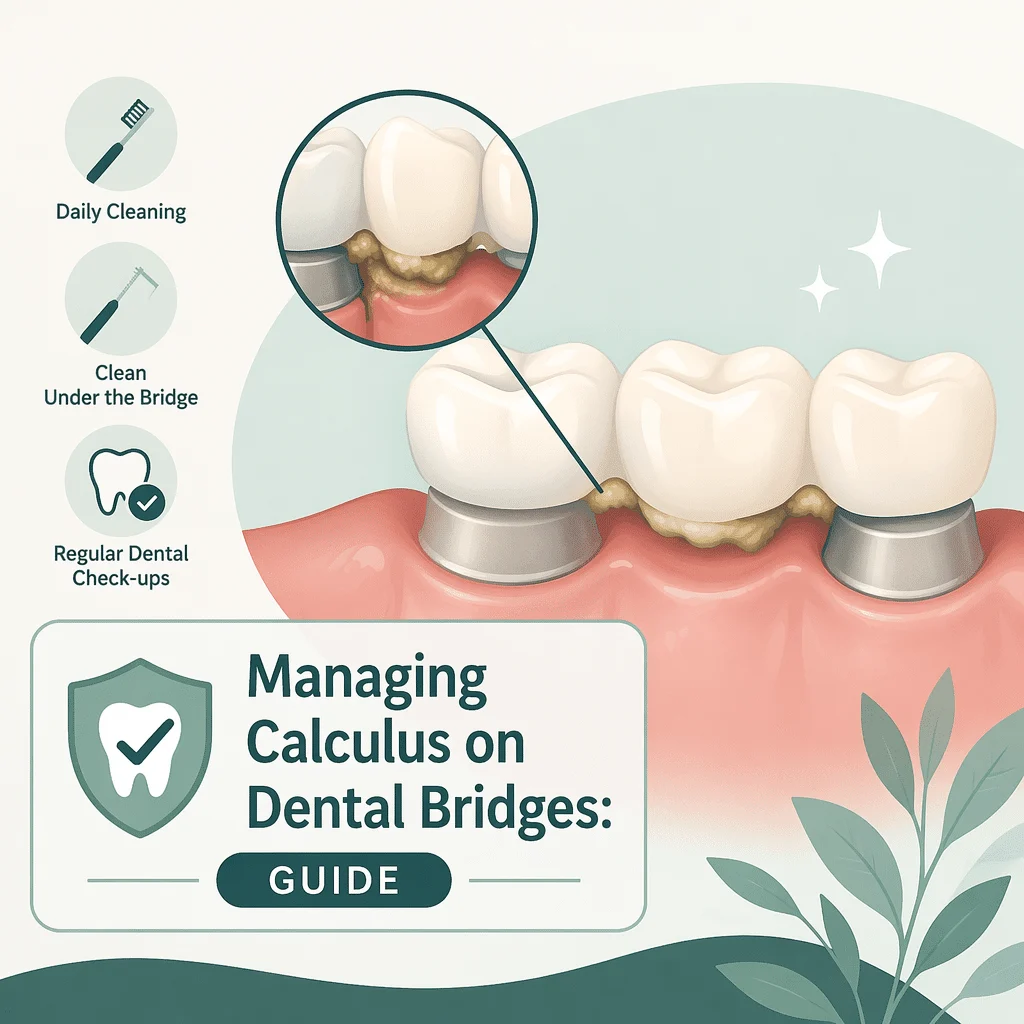 Plano aproximado de uma ponte de tártaro ao longo dos dentes frontais inferiores, mostrando o cálculo endurecido a abranger a linha gengival