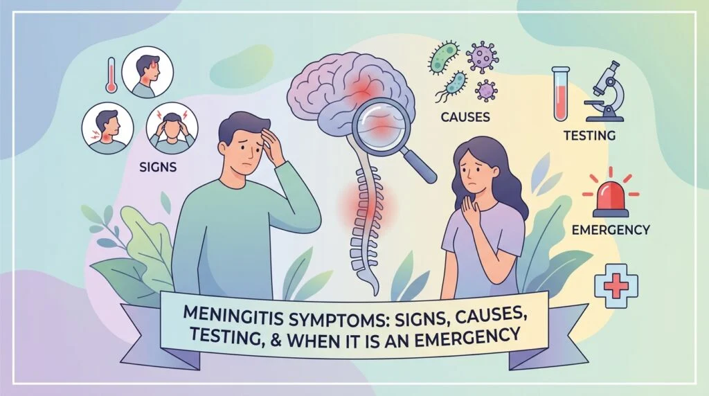 Sintomas de meningite representados como febre, rigidez da nuca e dor de cabeça intensa num adulto a segurar a cabeça com dor