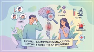 Gejala meningitis ditunjukkan sebagai demam, leher kaku, dan sakit kepala hebat pada orang dewasa yang memegang kepalanya karena kesakitan