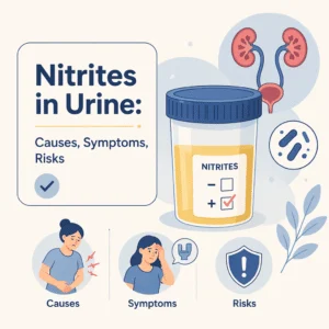 Urine dipstick held beside its color chart showing the reagent pad that reads nitrites in urine