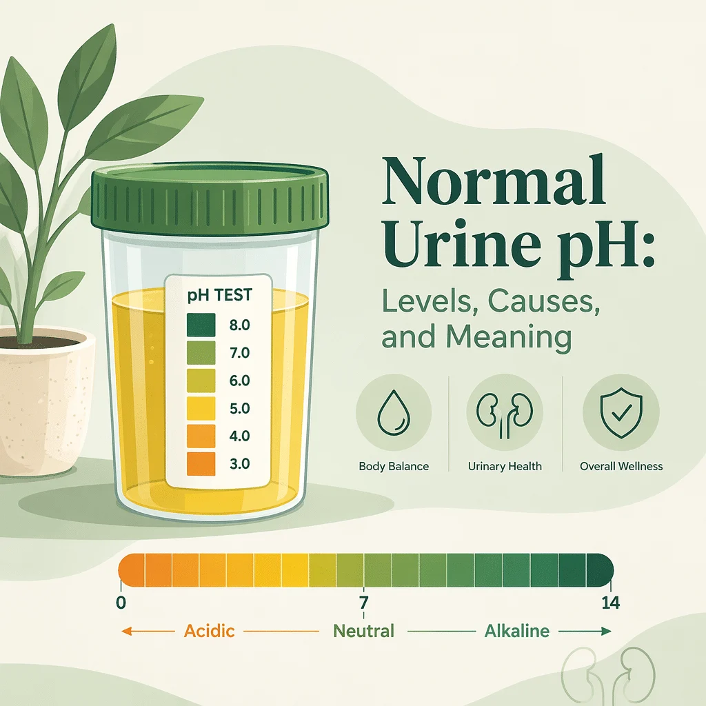 Normal urine pH range shown on a dipstick color chart, from acidic morning readings to alkaline results after a meal