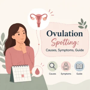 Calendário e gráfico hormonal a ilustrar o sangramento da ovulação a meio do ciclo, com o teste de hormona luteinizante