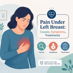Pain under left breast area mapped over the lower left ribs, heart, stomach, spleen and left lung