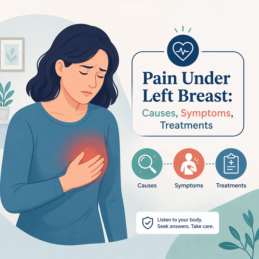 Pain under left breast area mapped over the lower left ribs, heart, stomach, spleen and left lung