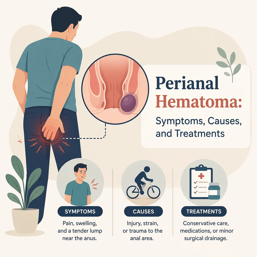 Perianal hematoma seen as a tender blue-purple lump at the anal margin, the painful swelling that follows straining