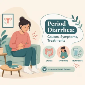 Young woman resting with a heating pad on her abdomen during period diarrhea and menstrual cramps
