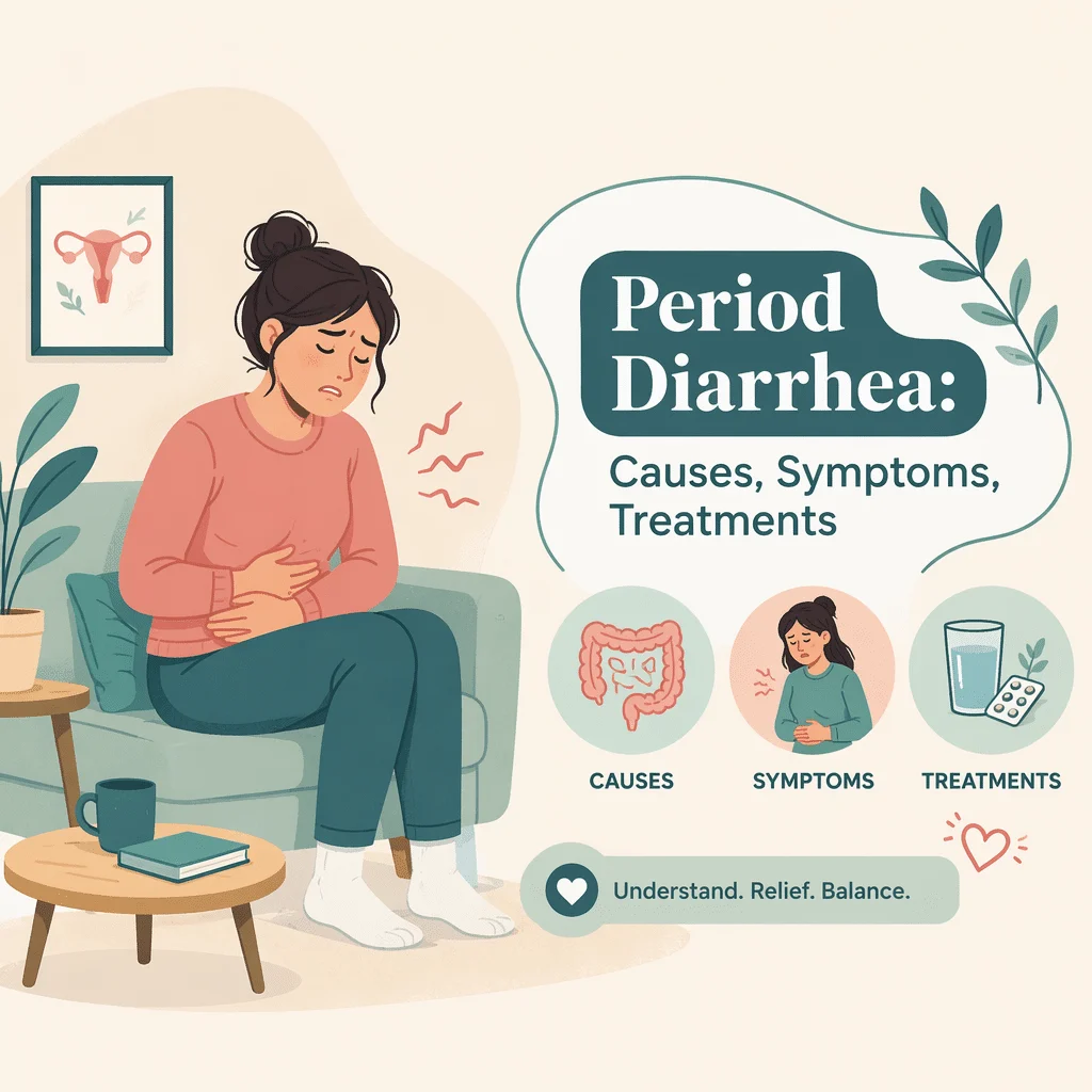Young woman resting with a heating pad on her abdomen during period diarrhea and menstrual cramps