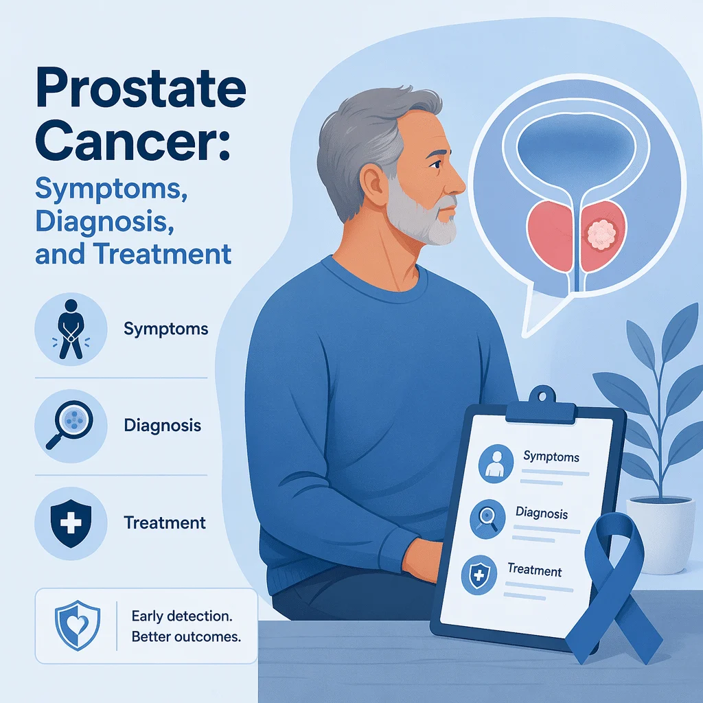Prostate cancer with its symptoms, diagnosis, and treatment