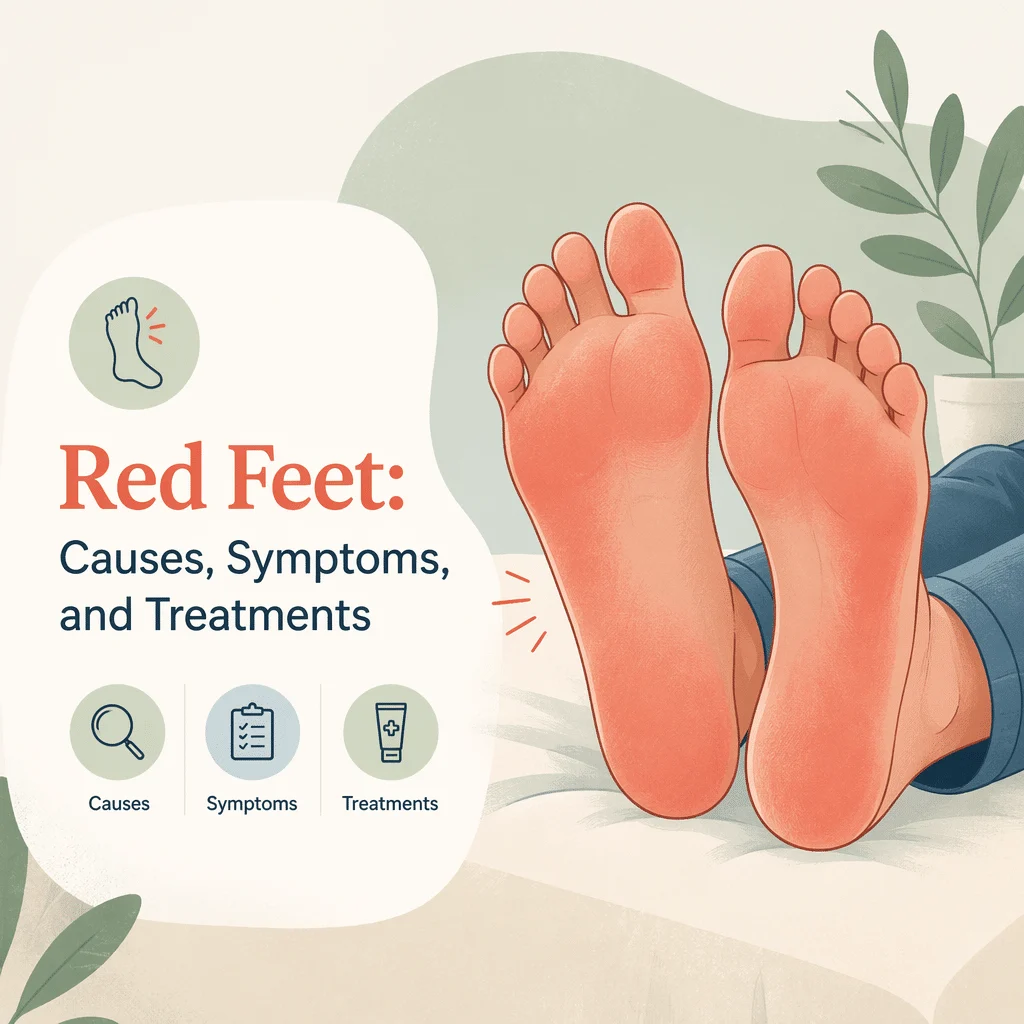 Red feet examined for redness and swelling, checking for cellulitis, poor circulation or a diabetic foot