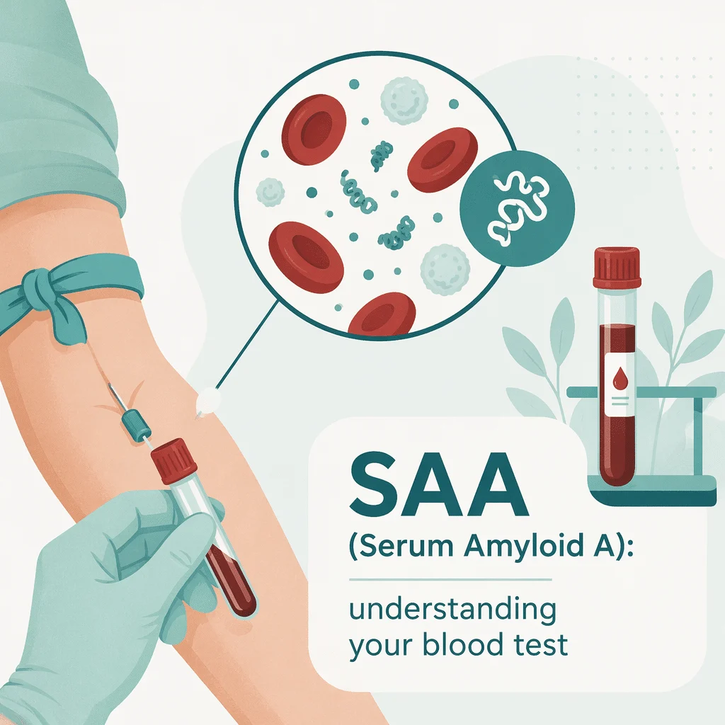 Resultado de análise ao sangue da proteína amiloide A sérica assinalado num relatório laboratorial ao lado da PCR, mostrando um marcador de inflamação acima do intervalo de referência