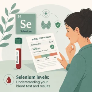 Tabung tes darah selenium di samping laporan laboratorium yang menampilkan kadar selenium serum dan rentang nilai normal