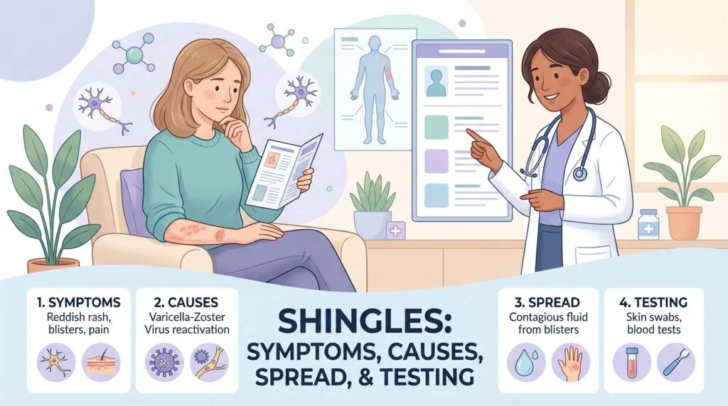 Erupção cutânea do herpes zóster causada pelo vírus varicela-zóster, com os seus sintomas, propagação e exames de diagnóstico
