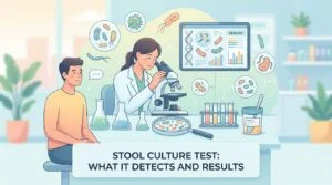 Stool culture laboratory workflow showing a stool sample in Cary-Blair transport medium and bacterial colonies growing on an agar plate