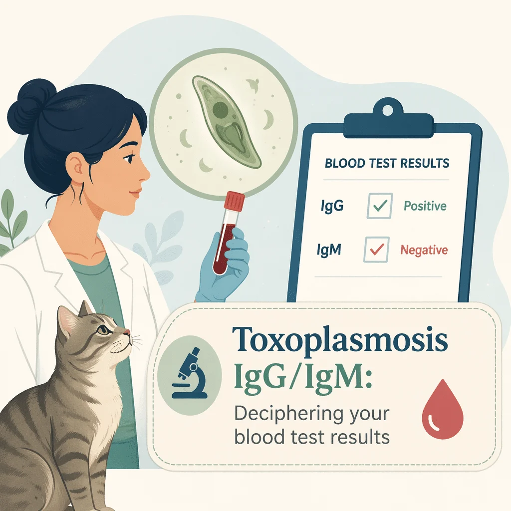 Relatório laboratorial com resultados de anticorpos IgG e IgM para toxoplasmose, com as quatro combinações possíveis explicadas