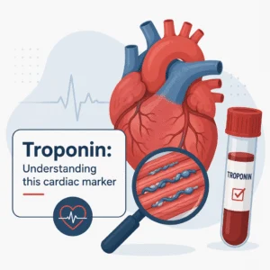 Troponin blood test tube and heart illustration showing how cardiac troponin signals heart muscle injury