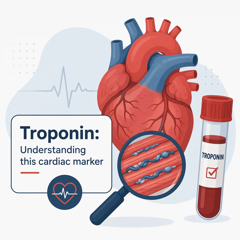 Tubo de colheita de sangue para troponina e ilustração do coração a mostrar como a troponina cardíaca sinaliza lesão do músculo cardíaco