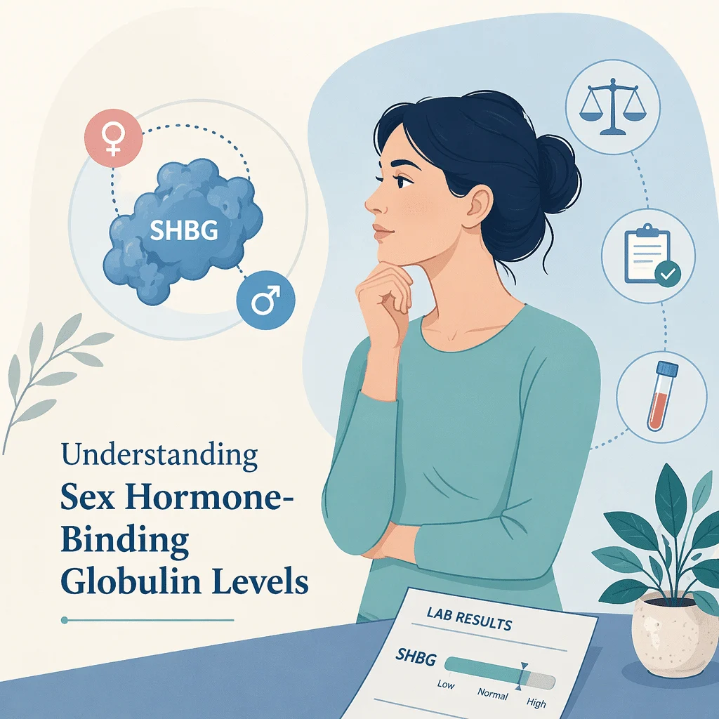 Relatório de painel hormonal numa bancada de laboratório mostrando os níveis de SHBG ao lado dos resultados de testosterona total e livre