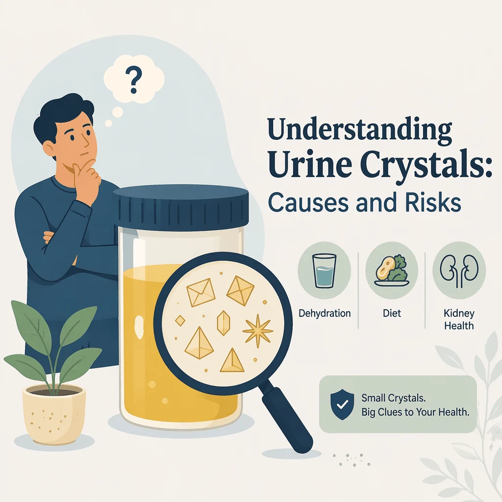 Microscope view of crystals in urine on a urinalysis sediment slide showing calcium oxalate shapes
