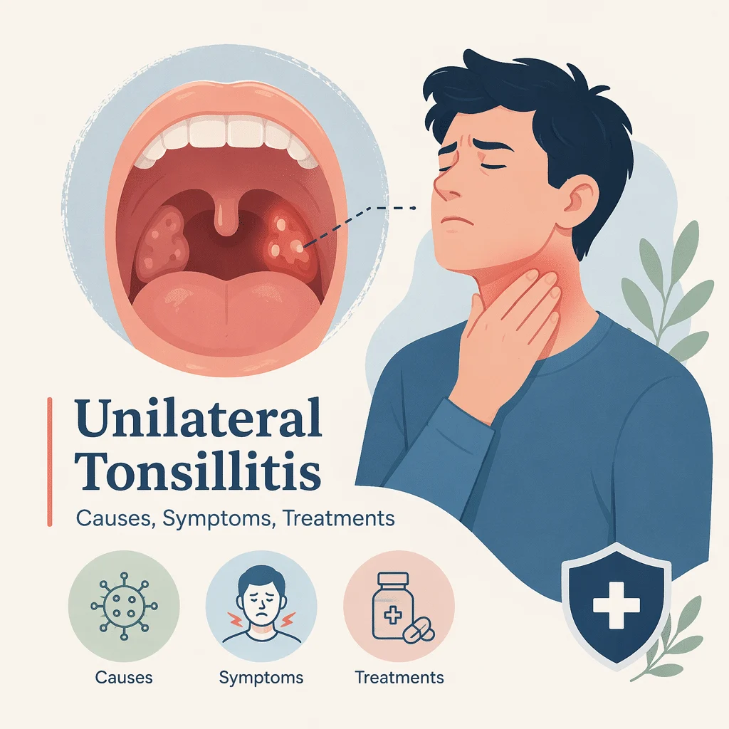 Unilateral tonsillitis on one side of the throat, with causes, symptoms, and treatments