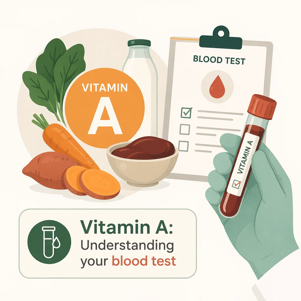 Relatório de análise ao sangue de vitamina A com o nível de retinol sérico apresentado ao lado dos valores de referência do laboratório