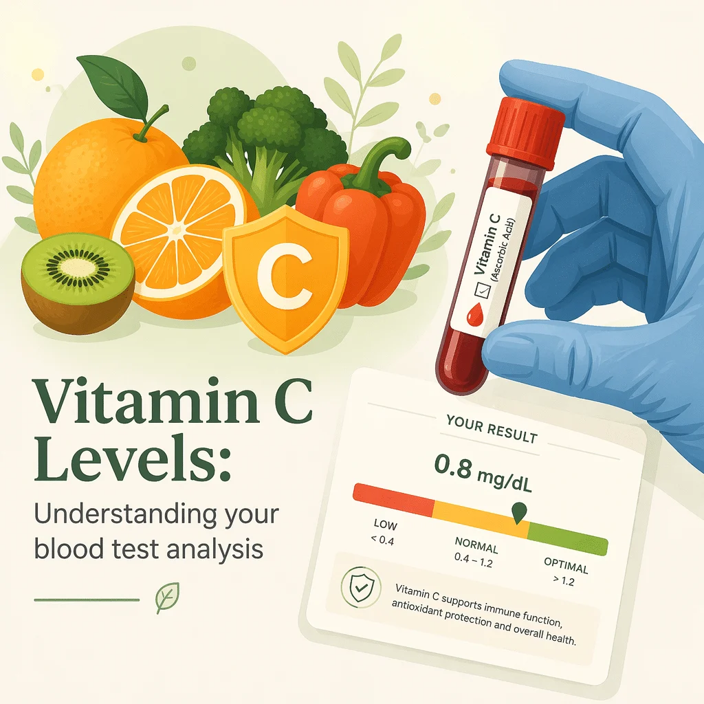 Tubo de colheita de sangue para vitamina C manuseado em gelo no laboratório, com resultados de ácido ascórbico no plasma e tabela de valores de referência