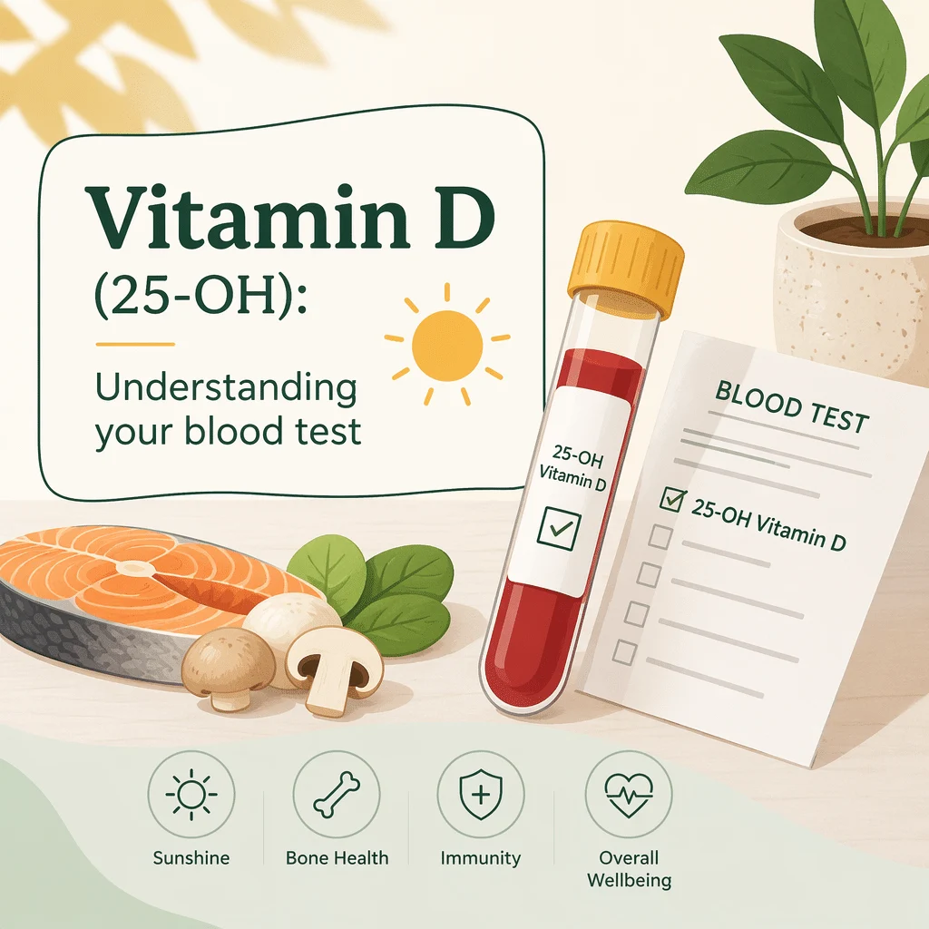 Vitamin D blood test result showing a 25-OH vitamin D level in ng/mL beside its laboratory reference range