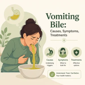 Vomiting bile as yellow-green fluid, with the warning signs of bowel obstruction to check alongside it