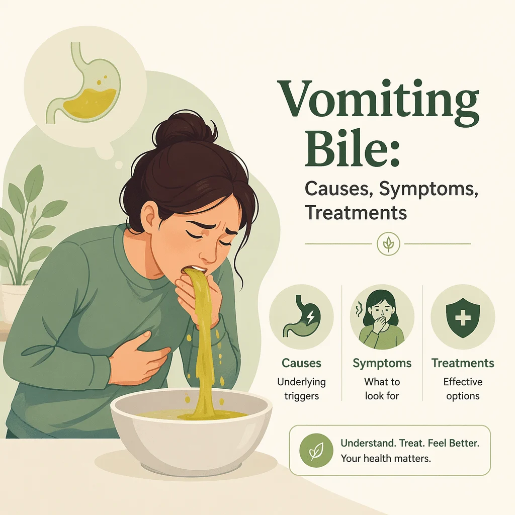 Vomiting bile as yellow-green fluid, with the warning signs of bowel obstruction to check alongside it