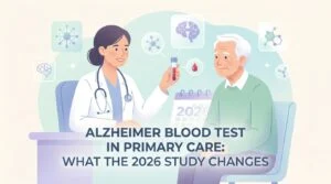 Análise ao sangue para Alzheimer nos cuidados de saúde primários: médico de família a analisar um resultado de p-tau217 no plasma na consulta