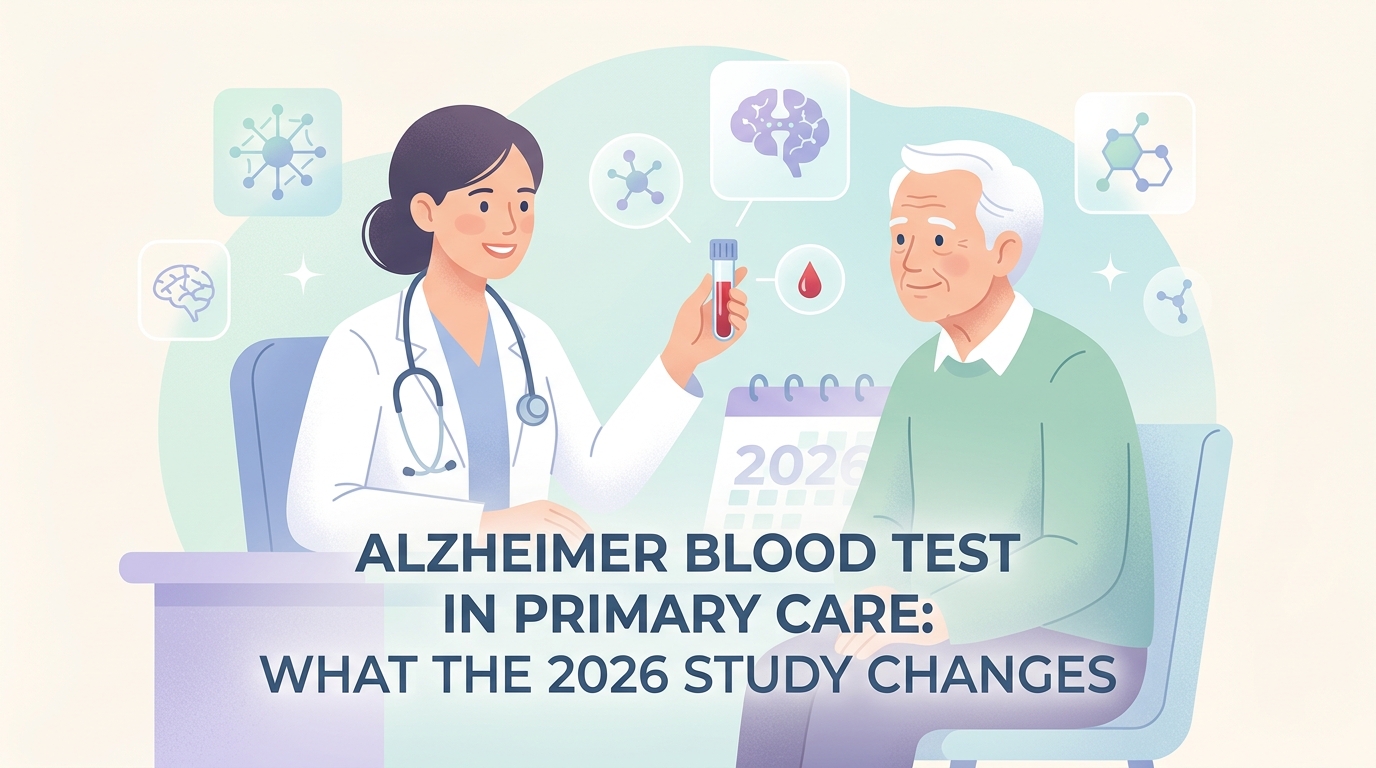 Alzheimer blood test in primary care, a family doctor reviewing a p-tau217 plasma result at the clinic
