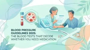 Blood pressure blood tests on a lab report: cholesterol, creatinine and urine albumin lines used to estimate risk