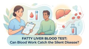 Fatty liver blood test result sheet showing elevated liver enzymes ALT and AST reviewed at home