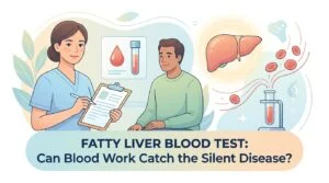 Fatty liver blood test result sheet showing elevated liver enzymes ALT and AST reviewed at home