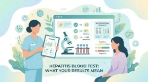 Hepatitis blood test report showing HBsAg, anti-HBc and anti-HBs triple panel results for screening