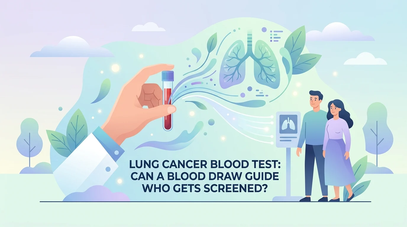 Frasco de análise ao sangue para cancro do pulmão ao lado de uma tomografia computorizada de baixa dose ao tórax utilizada no rastreio do cancro do pulmão