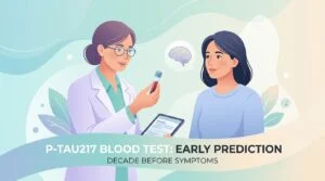 Amostra de sangue para o teste p-tau217 em laboratório, utilizada para estimar o risco de Alzheimer anos antes do aparecimento dos sintomas
